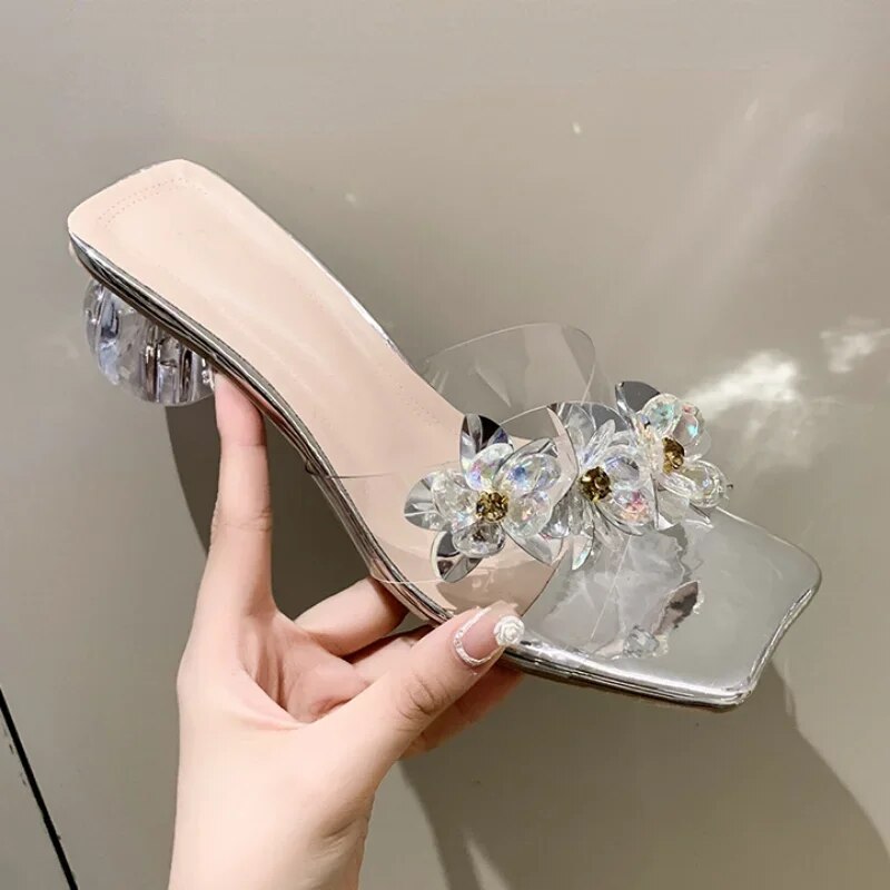 Crystal Sandals Elegant Middle Heels Women slippers Summer Shoes Open Toe Sandal Chunky Heels Woman Red Gold Sliver