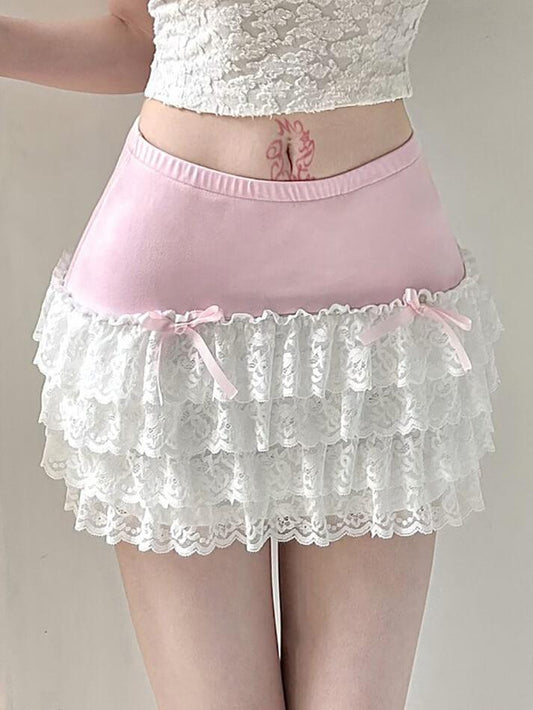 Ddbos - Bow Lace Patchwork Color Clash Skirt