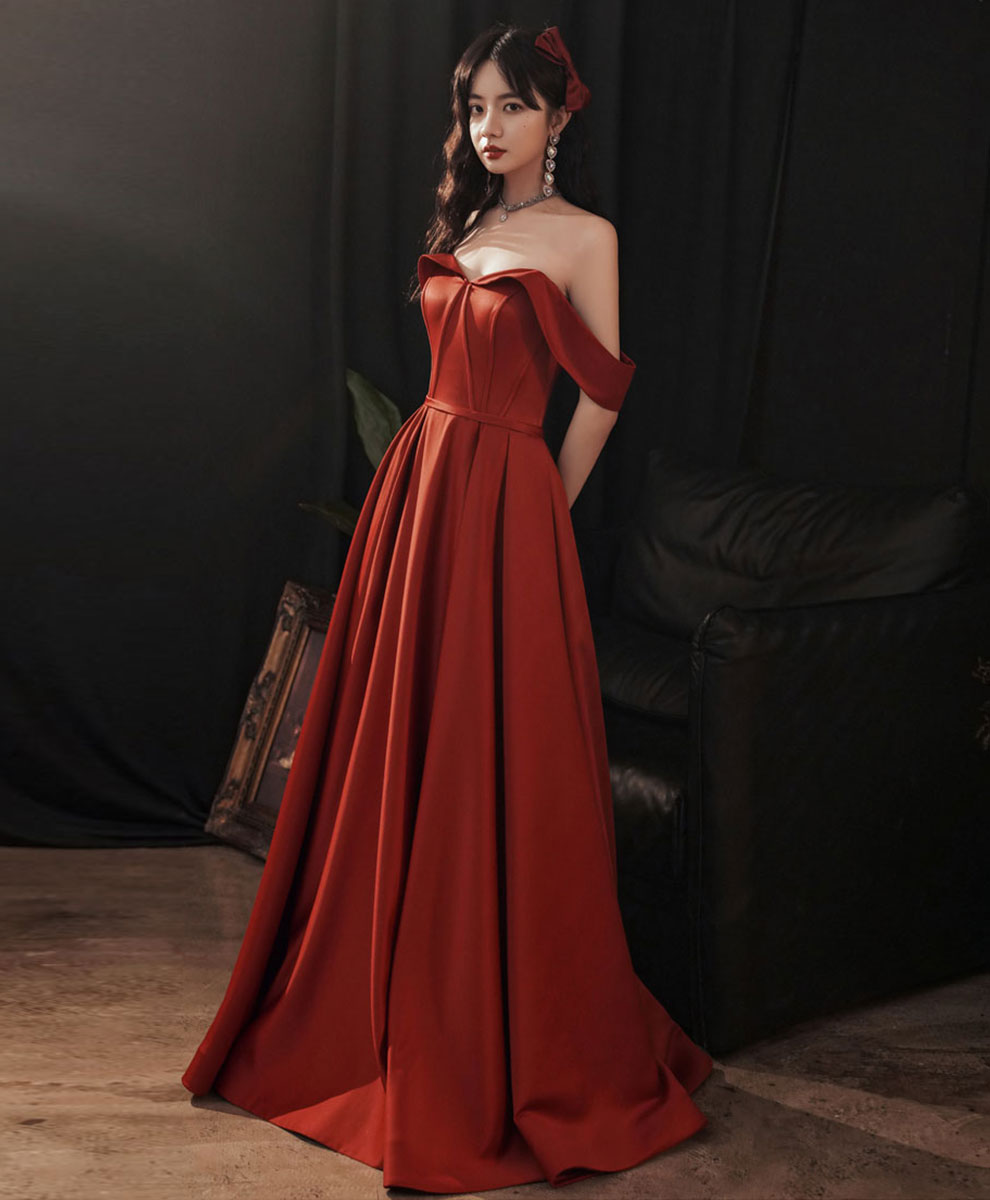 Ddbos Simple Red Satin Long Prom Dress, Burgundy Formal Graduation Dresses