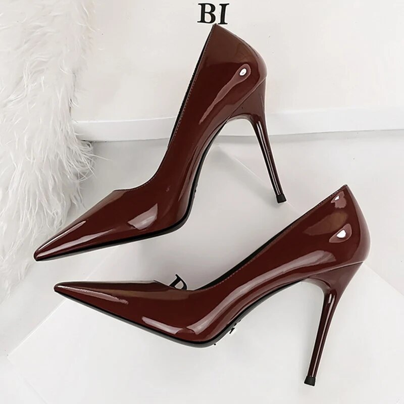 Ddbos Women Fetish 10cm High Heels Nude Pumps Wedding Bridal Stiletto Wedding Sexy Wine Red Heels Lady Scarpins Office Party Shoes