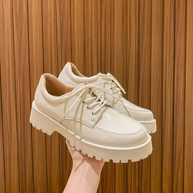 Women Shoes Genuine Leather New Spring British style White Women's loafers Round Toe Casual Platform Shoes Women