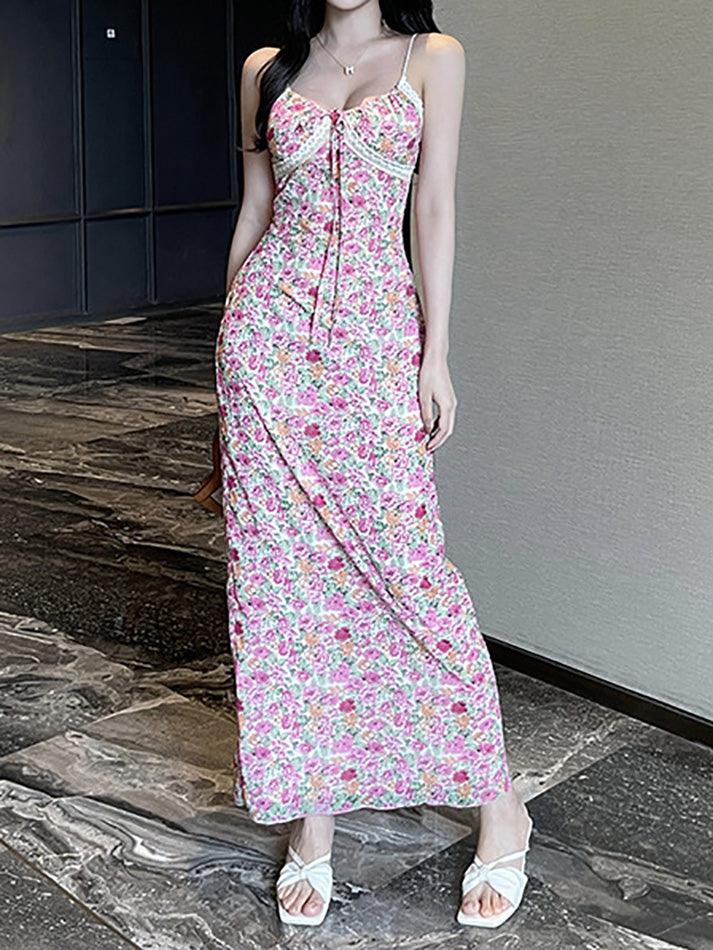 Ddbos - Floral Print Tie Front Maxi A-Line Dress