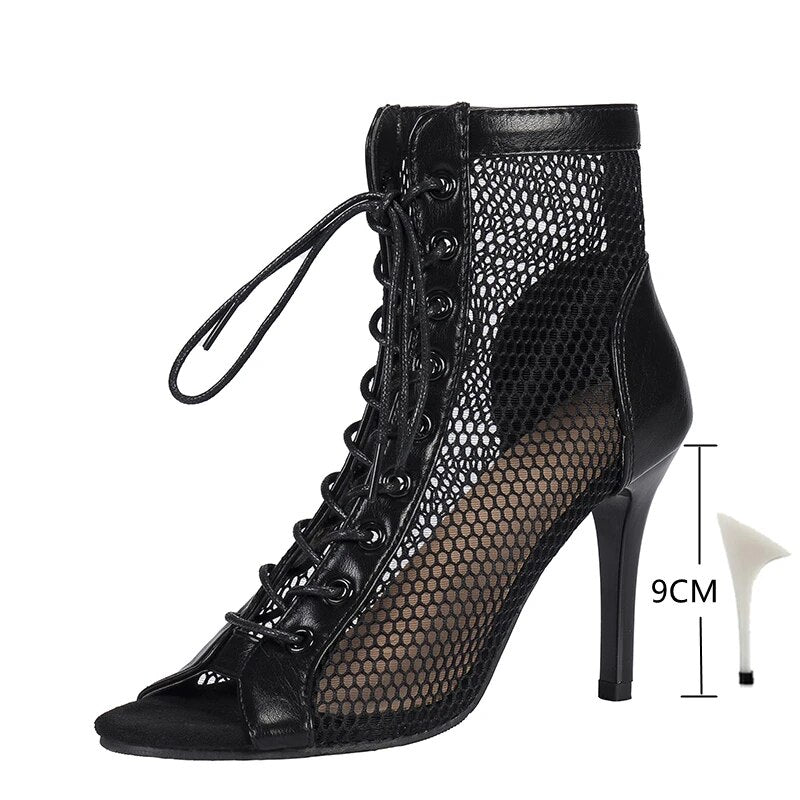 Ddbos Sandals Hollow Mesh Heels women's Shoes Summer Trend Black Lace-Up Sexy Peep Toe Boots Stilettos Jazz Dance Female Shoes