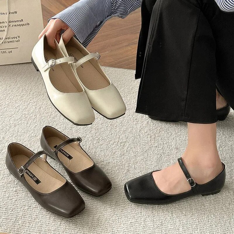 Ddbos Women's Flats Mary Janes Shoes Square Toe Boat Shoes Retro Leather Shoes for Female Comfortable Ladies Shoes Spring Autumn