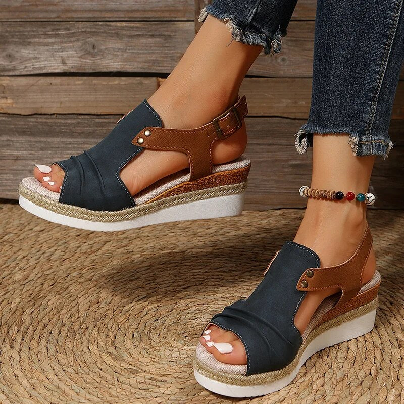 Ddbos Pleated PU Leather Wedge Sandals for Women Back Strap Espadrilles Platform Sandles Woman Summer Thick Bottom Peep Toe Shoes