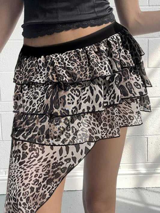 Ddbos - Leopard Print Irregular Ruffle Mini Skirt