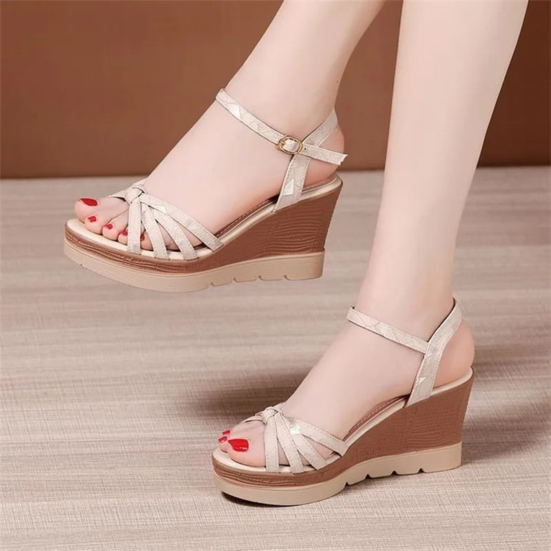 Ddbos Hot Sale Thick Sole Leather Casual Platform Sandals Women Summer High Heels Wedges Shoes for Office Beach Mother