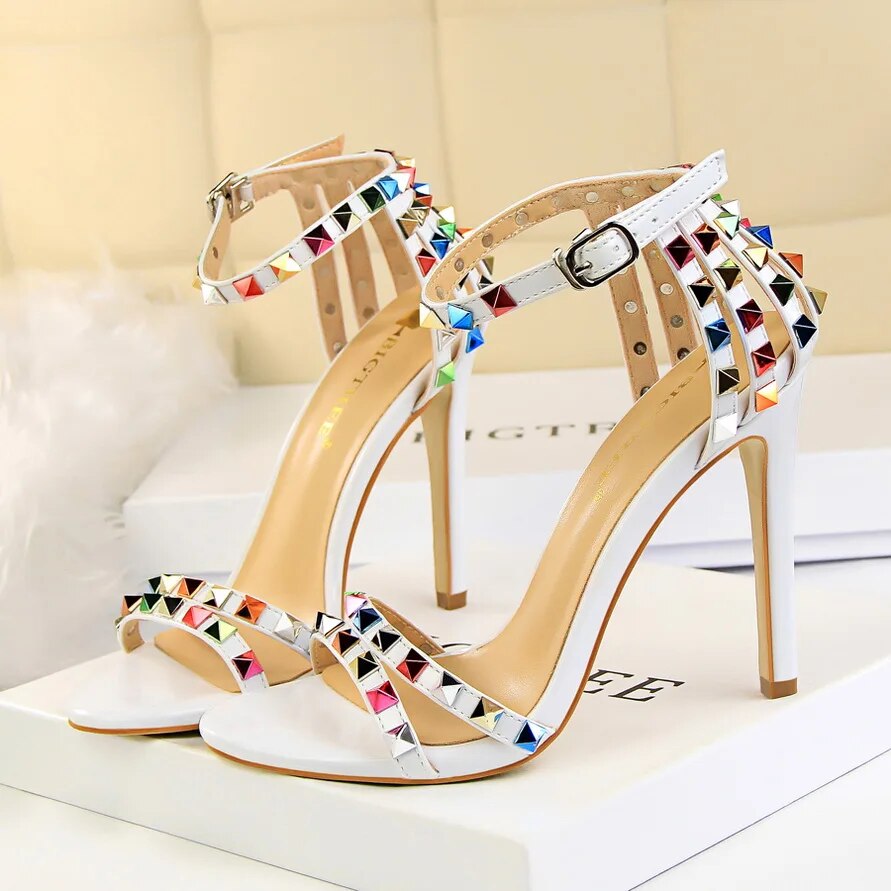 Ddbos Summer Women 11cm High Heels Rivets Studded Sandals Lady Sandles Stiletto Gladiator Pumps Stripper Fetish Open Toe Luxury Shoes