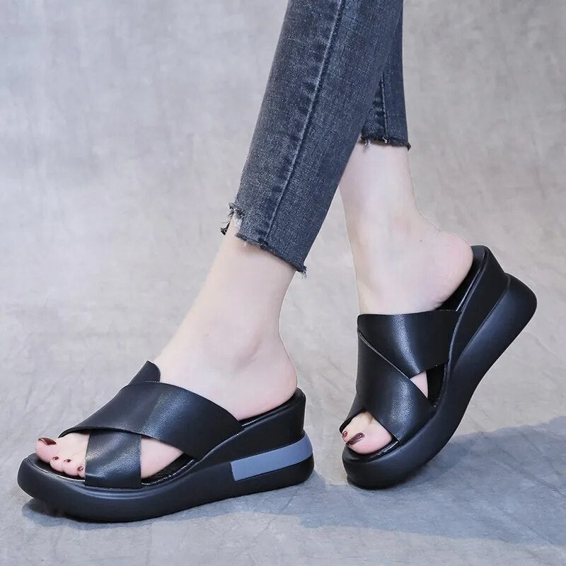 Ddbos Women's Platform Wedge Sandals New Summer High-heeled Fish Mouth Women's Shoes Soft Leather Heightened Platform Shoes