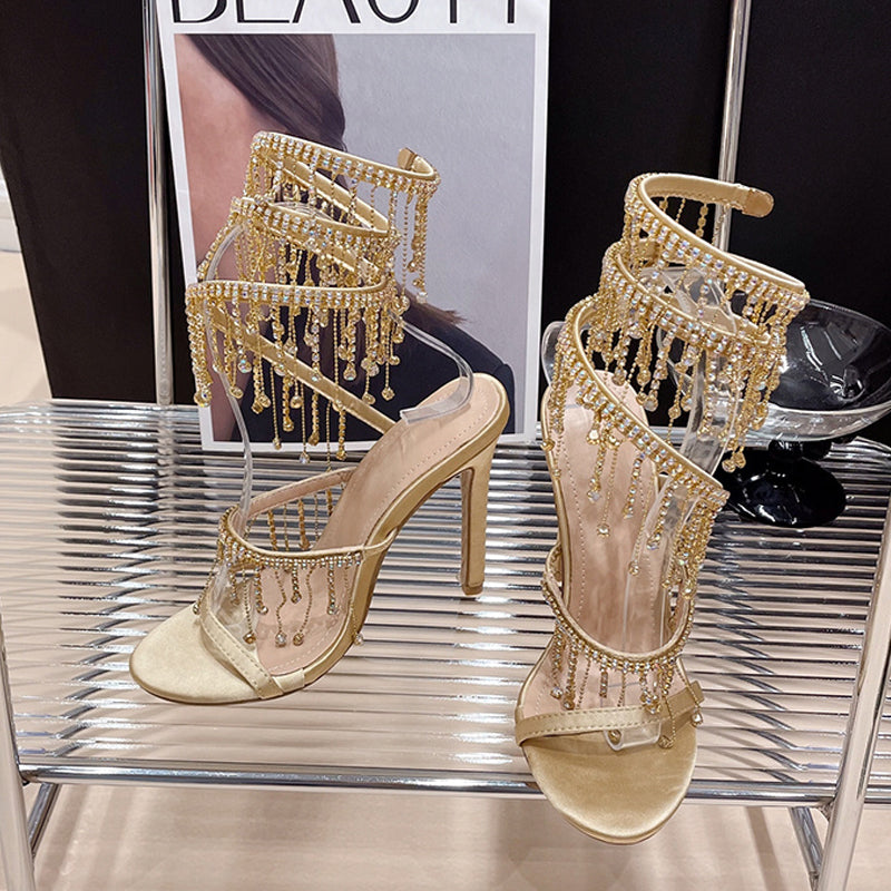 Ddbos Runway Style Glitter Crystal Tassel Snake Coiled Women Sandals Sexy Stiletto High Heels Summer Fashion Party Prom Shoes