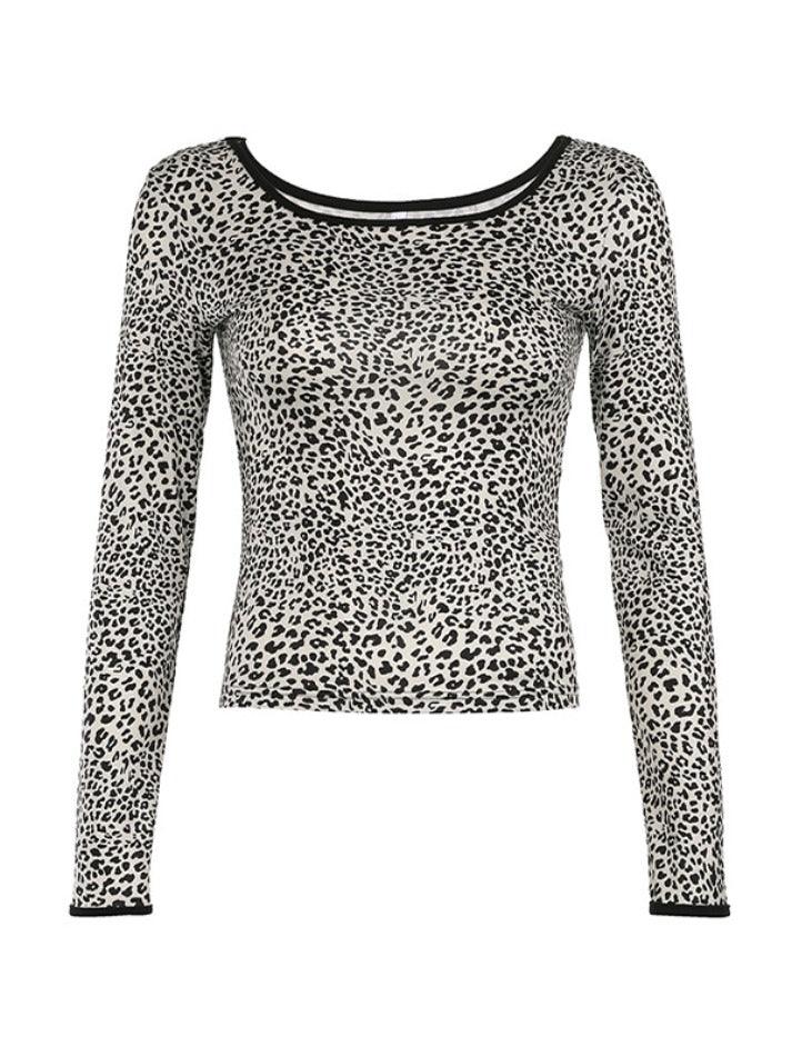 Ddbos - Leopard Print Round Neck Off Shoulder Long Sleeve Tee