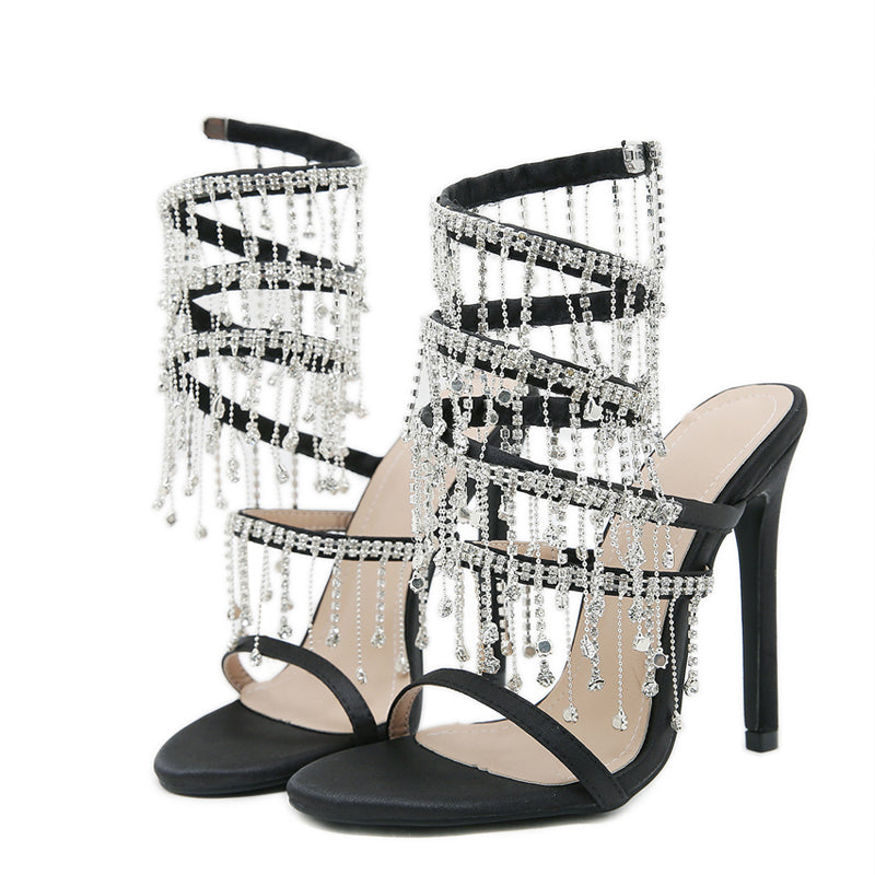 Ddbos Runway Style Glitter Crystal Tassel Snake Coiled Women Sandals Sexy Stiletto High Heels Summer Fashion Party Prom Shoes