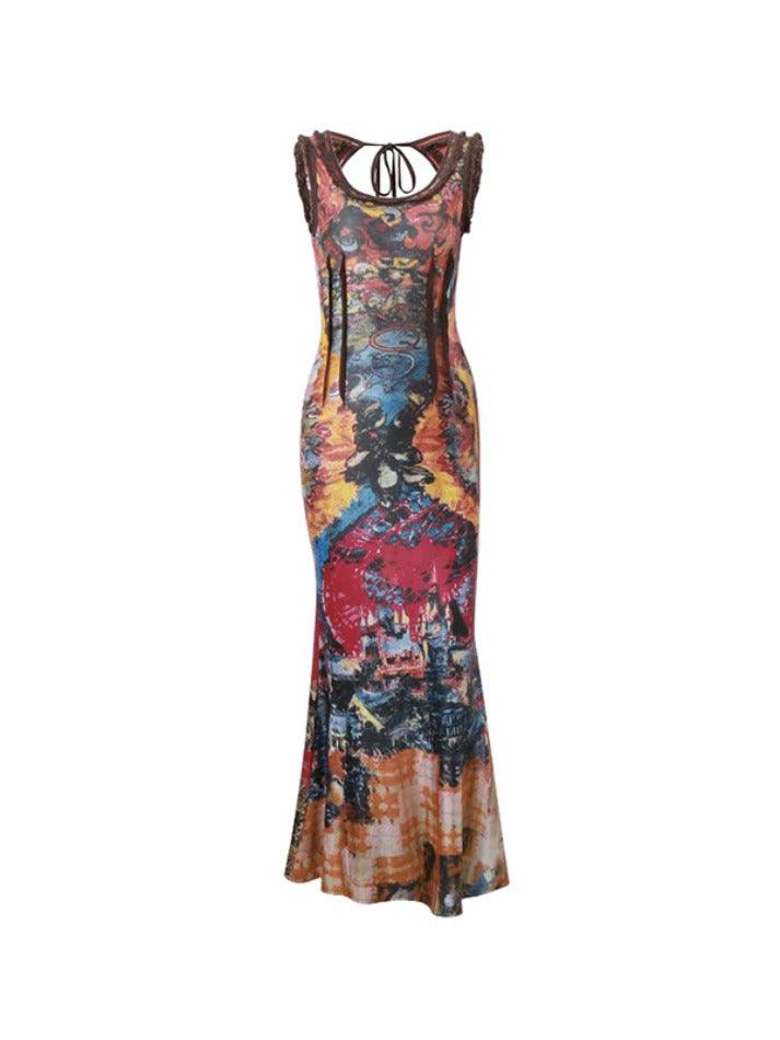 Ddbos - Vintage Random Print U Neck Backless Maxi Dress