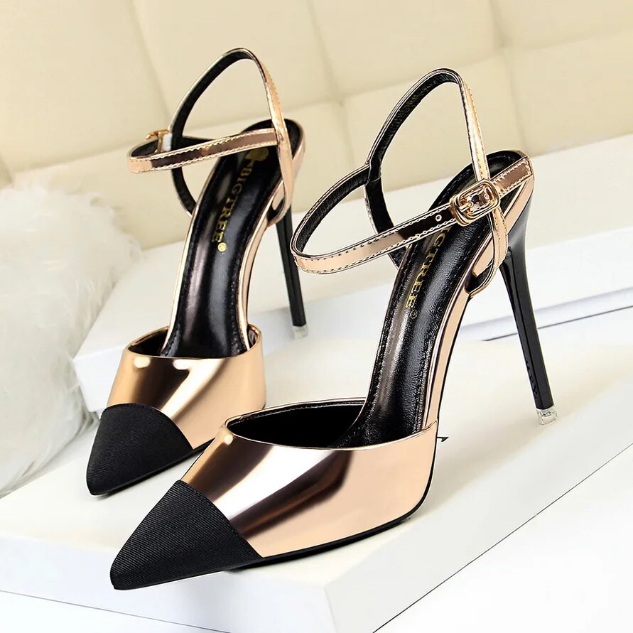 Ddbos Women 11cm High Heels Sandals Lady Metallic Gray Stripper Ankle Strap Cap Toe Sandles Wedding Fetish Nightclub Gold Office Shoes