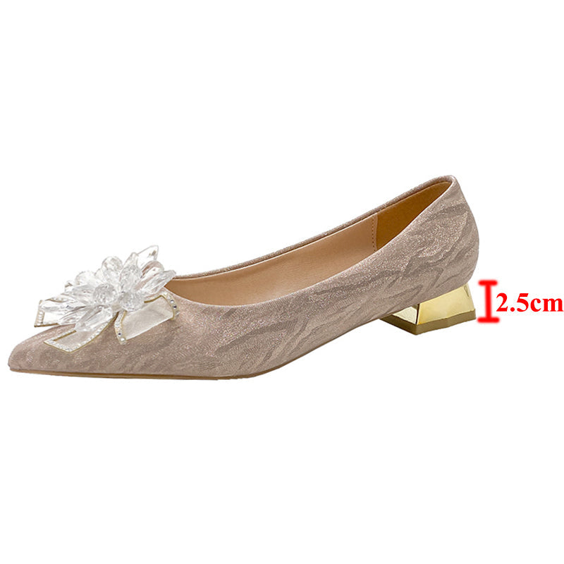 Ddbos Elegant Crystal Flower Bride Shoes Women New Bling Bowknot Med Heels Pumps Woman Slip-on Thick Heels Wedding Shoes