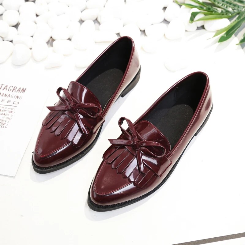 Ddbos Spring Brand Shoes Woman Casual Tassel Bow Pointed Toe Black Oxford Shoes for Women Flats Comfortable Slip on Women Shoes