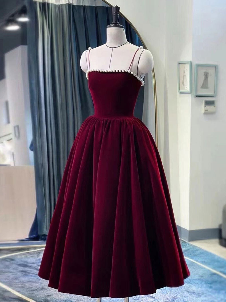 Ddbos Simple Burgundy Tea Length Prom Dress, Burgundy Homecoming Dress