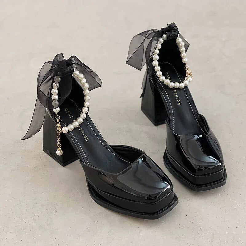 Ddbos Vintage High Heels Mary Jane Shoes for Women Patent Leather Platform Pumps Woman Pearls Chain Thick-Heeled Shoes Female