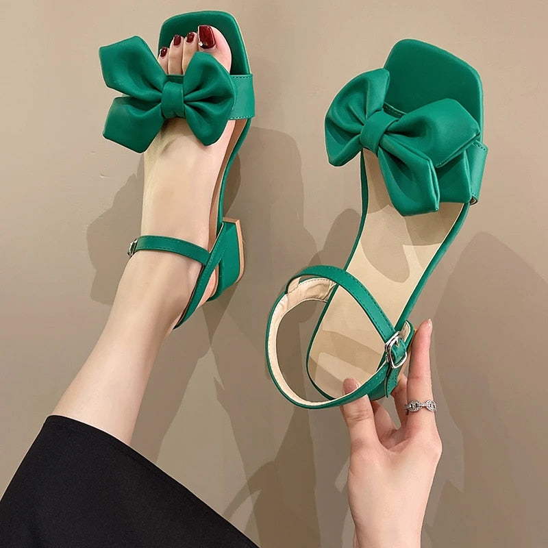 Ddbos Large Solid Color Open-toe Sandals Women Summer New One-line Buckle Fashion Temperament Bow Knot Comfortable Women's Shoes