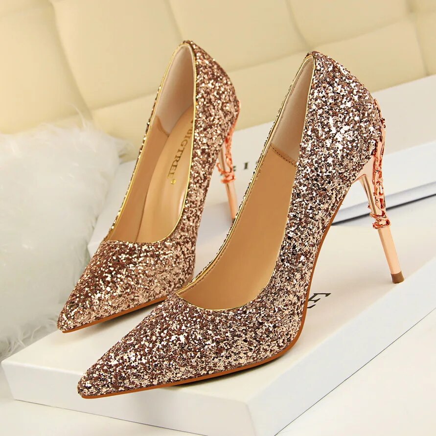 Ddbos Women 9.5cm High Heels Pumps Lady Stiletto Wedding Bridal Gold Silver Heels Nightclub Office Party Sparkly Sequins Bling Shoes