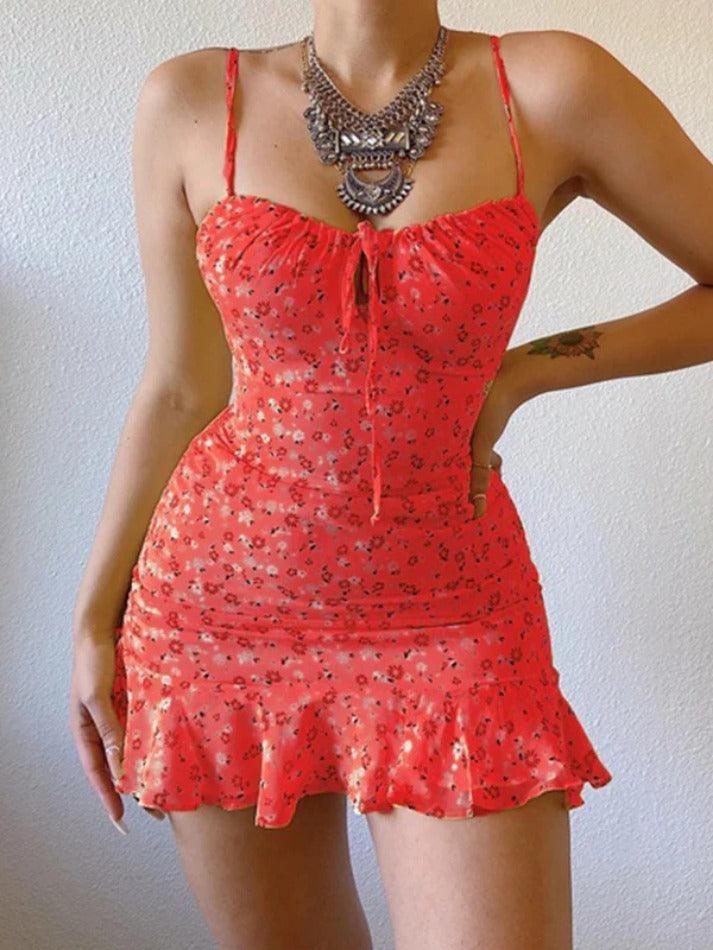 Ddbos - Floral Suspender Chest With Cutout Mini Dress