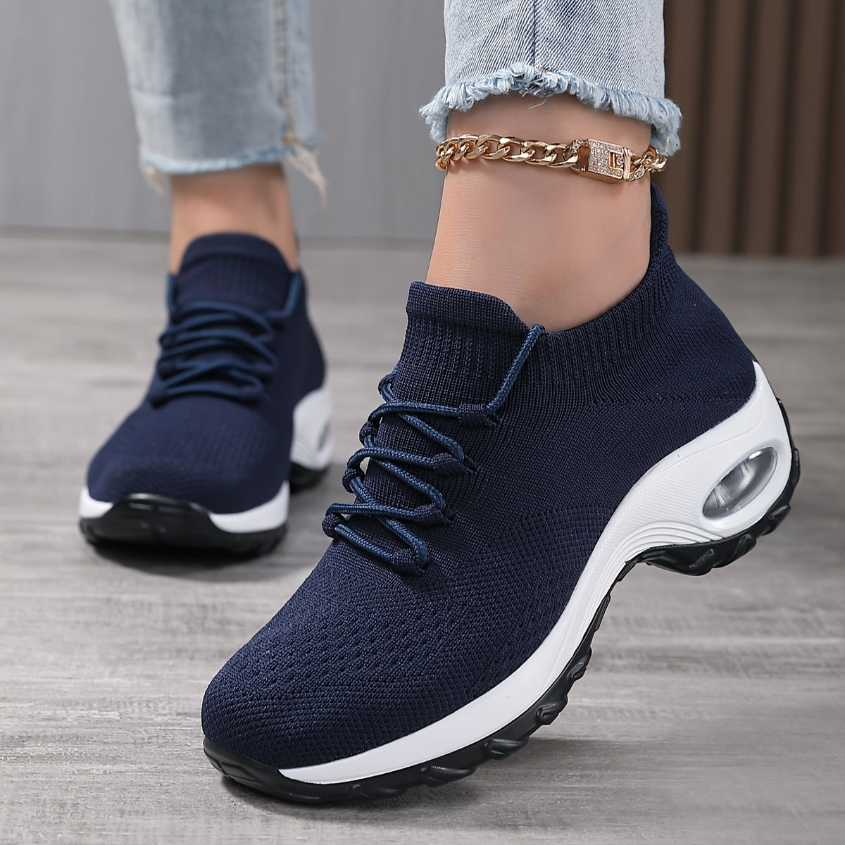 Ddbos Women's Breathable Knit Chunky Sneakers, Casual Lace Up Outdoor Shoes, Comfortable Low Top Sport Shoes plus size