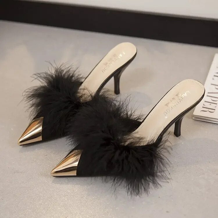 Ddbos Summer Women Pump Feather Heels Fashion Simple Wind Mule Slippers Women's Slide Stiletto Heels Shoes for Women Heels