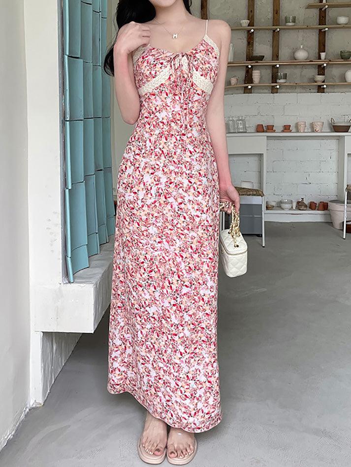 Ddbos - Floral Print Tie Front Maxi A-Line Dress