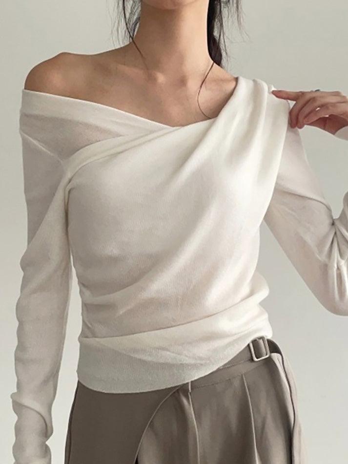 Ddbos - Off-Shoulder Asymmetrical Ruched Solid Long Sleeve Top