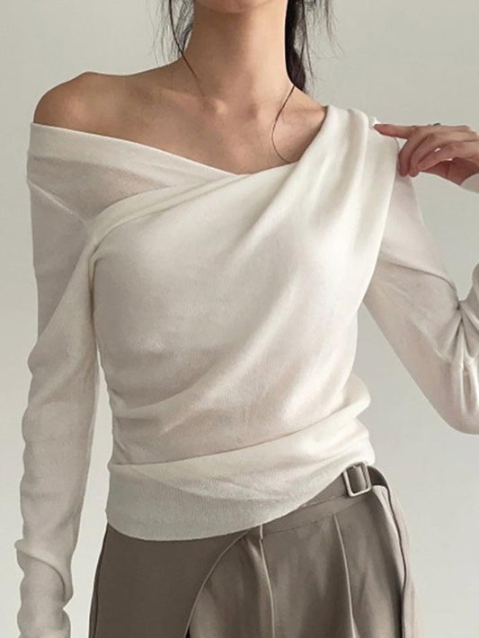 Ddbos - Off-Shoulder Asymmetrical Ruched Solid Long Sleeve Top