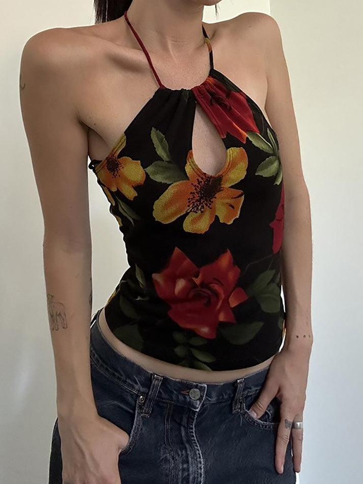 Ddbos - Halter-Neck Floral Print Cut-Out Slim-Fit Crop Cami Top