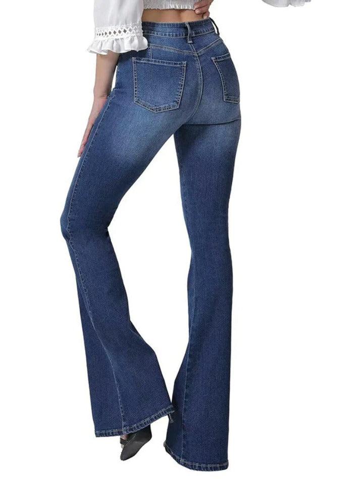 Ddbos - Vintage Blue High Elasticity Ripped Flare Jeans