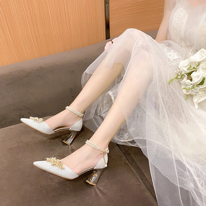 Ddbos Ladies Shoes on Sale New Fashion Pointed Metal Beaded Solid Women's High Heels Summer Leisure Banquet Women Wedding Pump