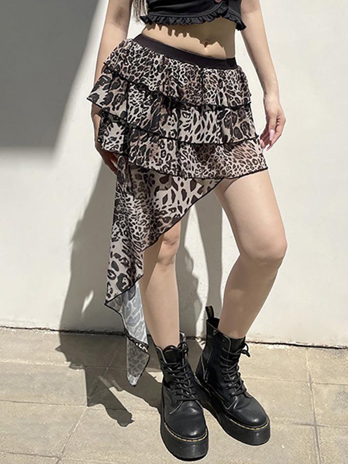 Ddbos - Leopard Print Irregular Ruffle Mini Skirt