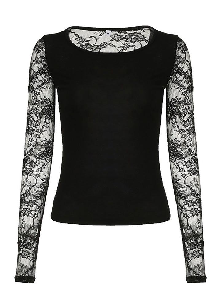 Ddbos - Lace Mesh Flower Embroidery Long Sleeve Top