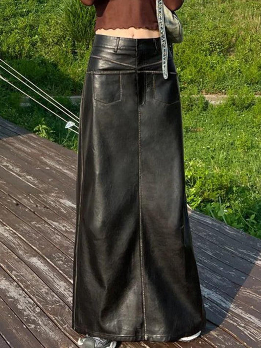 Ddbos - Vintage Leather Multi Pocket Maxi Skirt