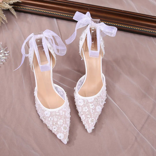 Summer French Beaded Hollow Sandals Women's White Lace Strap Pointed High Heels Wedding Shoes