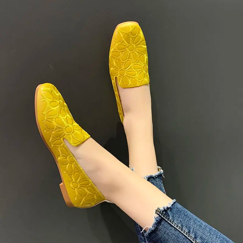 Ddbos Shoes for Women Hot Sale Square Toe  Embroidery Women's Flats Summer Casual Ladies Ballet Shoes Solid Hollow Female Loafers