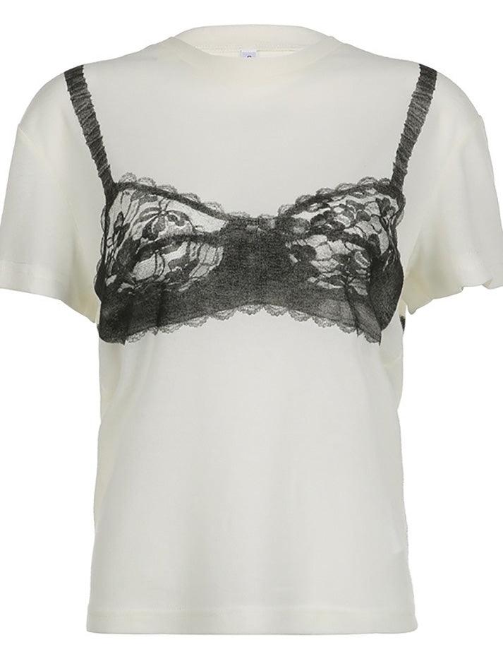 Ddbos - Contrast Lace Sheer Corset Printed Tee