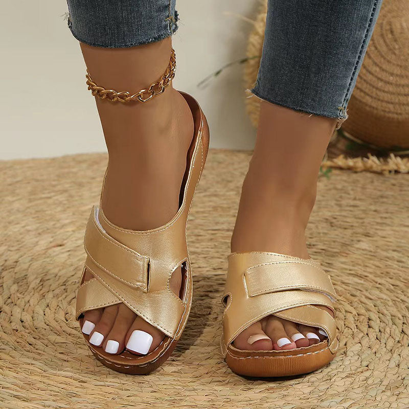 Ddbos Fashion Silver Gold Platform Slippers Women Summer Hook Loop Wedges Rome Shoes Woman Med Heel Non-Slip Beach Shoes Sandals 2024