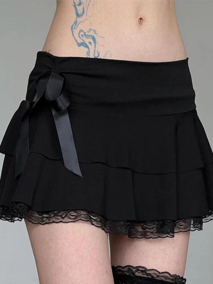 Ddbos - Bow Lace Splice Low Rise Tiered Mini Skirt