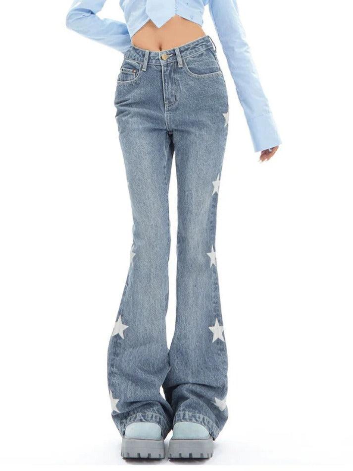 Ddbos - Vintage Star Print High Rise Flare Jeans