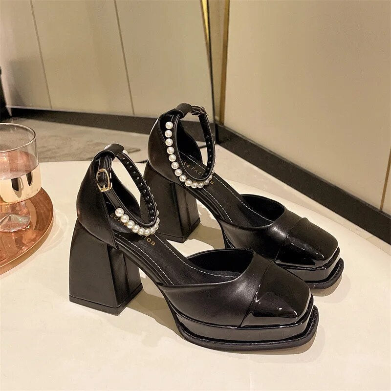 Ddbos Vintage High Heels Mary Jane Shoes for Women Patent Leather Platform Pumps Woman Pearls Chain Thick-Heeled Shoes Female