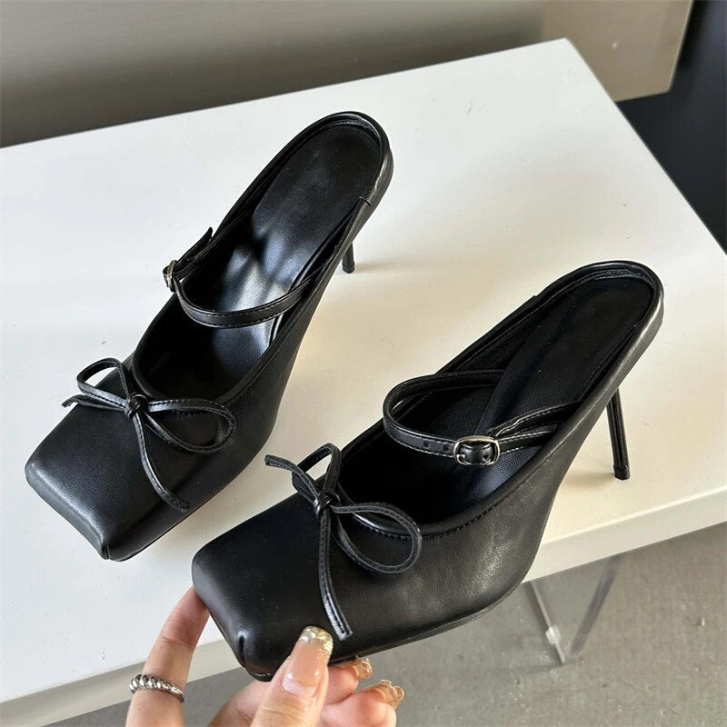 Ddbos Sexy Square head Thin Heels Wedding Banquet Dress Mule Ladies Shoes 2024 Designer Bowknot Buckle Strap Pumps Women