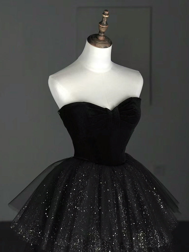 Ddbos A-Line Sweetheart Neck Tulle Velvet Black Long Prom Dress, Black Evening Dress