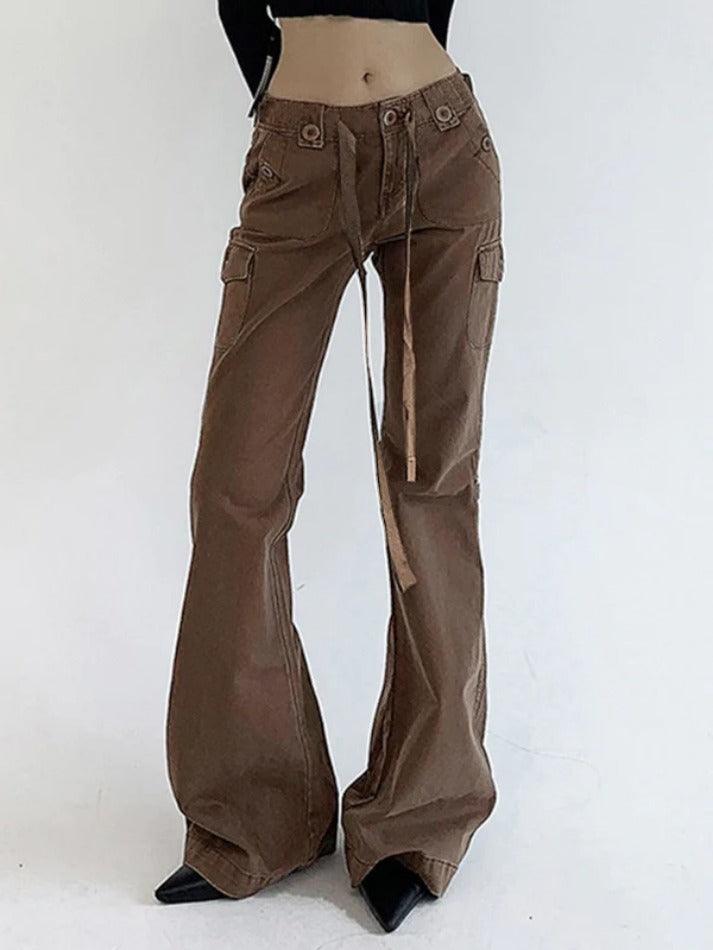 Ddbos - Vintage Brown Button Lace Up Flare Jeans