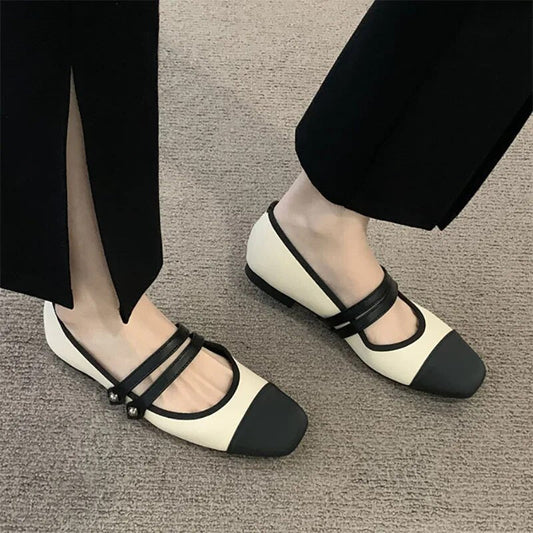 Women's Flats Patchwork Double Buckle Mary Janes Shoes Black Toe Leather Shoes For Female Spring Autumn Zapatos Mujer