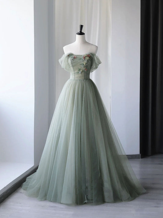 Ddbos Gray Green Tulle Off Shoulder Long Prom Dress, Gray Green Formal Graduation Dresses