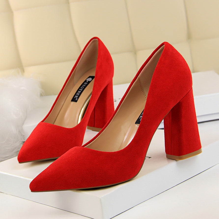 Ddbos Summer Women 8.5cm High Heels Pumps Escarpins Elegant Sweet Lady Wedding Block Square Middle Heels Flock Suede Nightclub Shoes