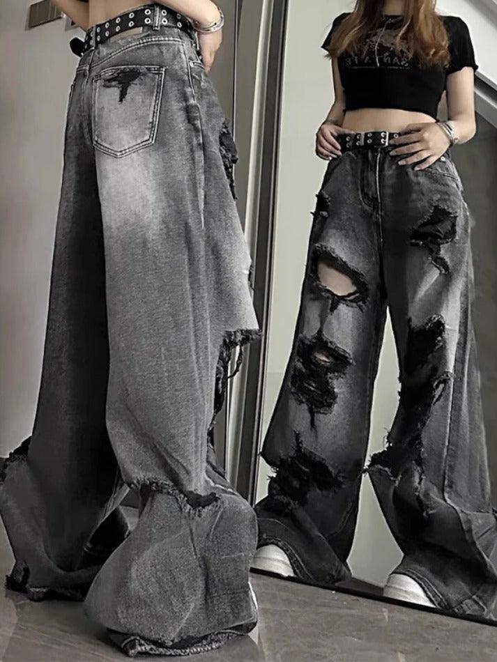 Ddbos - Washed Black Ripped Boyfriend Jeans